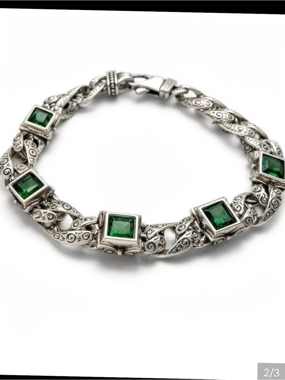 Silver Bracelet with Green Stones - Men's Accessory - Picture 2 of 3